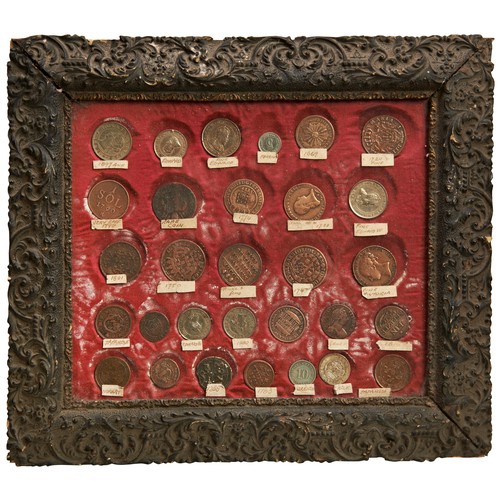 324 - A BARBADOS GIII PENNY TOKEN ‘I SERVE’ MOUNTED IN A FRAME with various other coins and tokens with ol... 