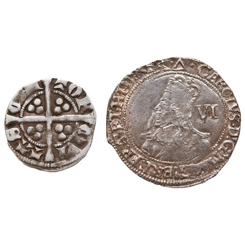 276 - A CHARLES I TOWER SIXPENCE WITH TRIANGLE MINT MARK and an Edward i hammered silver penny.