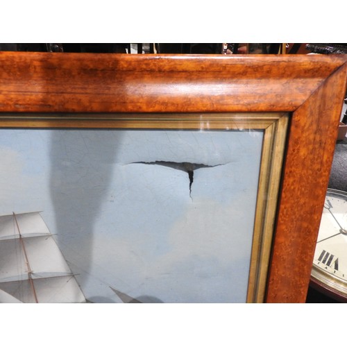 85 - CLIPPER IN FULL SAIL, GOUACHE ON CANVAS, MAPLE FRAME, 19TH CENTURY. (A.F)Large tear in top right sec... 