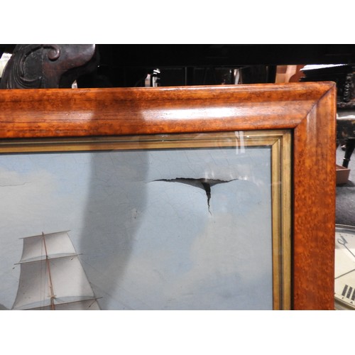 85 - CLIPPER IN FULL SAIL, GOUACHE ON CANVAS, MAPLE FRAME, 19TH CENTURY. (A.F)Large tear in top right sec... 