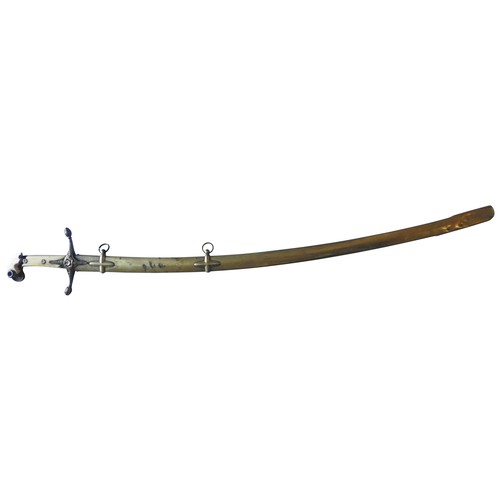 638 - A 'MAMLUKE' STYLE SWORD BY MOORE & CO., with ivory grip, etched blade and brass scabbard. 93 cms... 