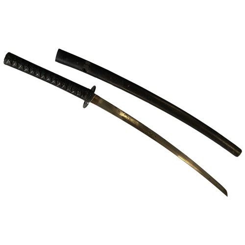 2227A - A JAPANESE WAKAZASHI OF PLAIN FORM, the saya with black lacquer finish and with iron tsuba. 94 cms t... 