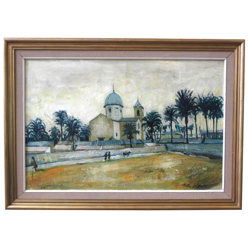 444 - PETER COLLINS (1923-2001) OIL PAINTING ON CANVAS OF MEDITERRANEAN CHAPEL, signed in lower right corn... 