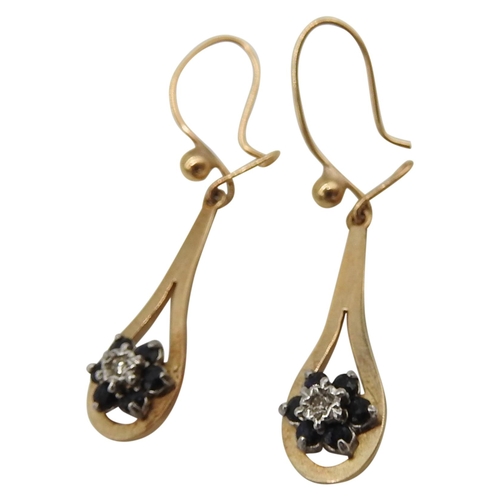 567 - A PAIR OF GOLD SAPPHIRE AND DIAMOND SET DROP EARRINGS, the elongated teardrop form gold earrings set... 