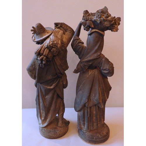 490 - A LARGE PAIR OF SPELTER HARVEST FIGURES, LATE 19TH / EARLY 20TH CENTURY, the female figurine modelle... 