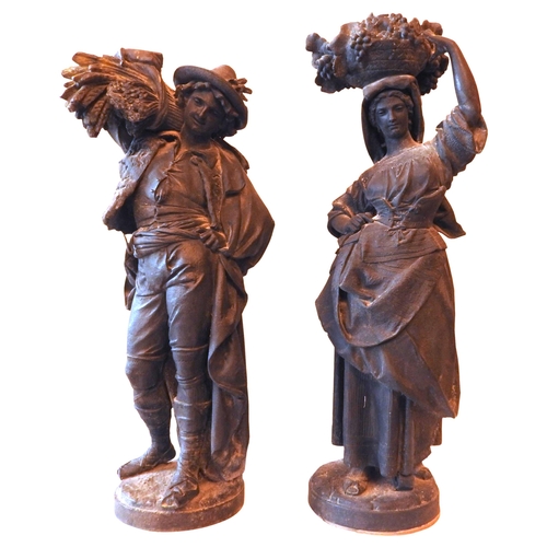 490 - A LARGE PAIR OF SPELTER HARVEST FIGURES, LATE 19TH / EARLY 20TH CENTURY, the female figurine modelle... 