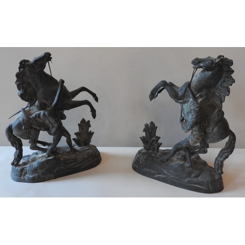 487 - A PAIR OF SPELTER MARLEY HORSE MODELS, LATE 19TH CENTURY, naturalistically modelled and raised on ro... 