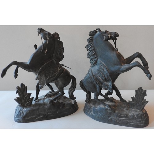 487 - A PAIR OF SPELTER MARLEY HORSE MODELS, LATE 19TH CENTURY, naturalistically modelled and raised on ro... 