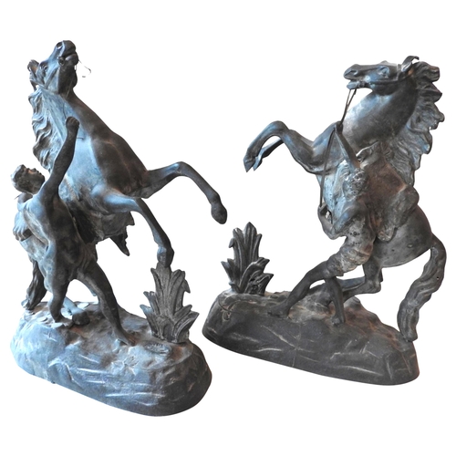 487 - A PAIR OF SPELTER MARLEY HORSE MODELS, LATE 19TH CENTURY, naturalistically modelled and raised on ro... 