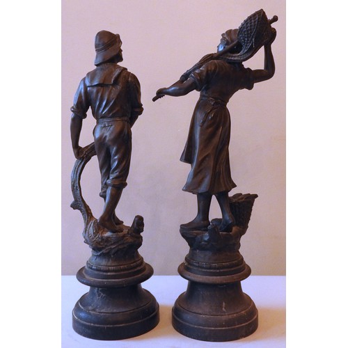 489 - A PAIR OF FRENCH SPELTER FIGURES, LATE 19TH CENTURY, modelled as a fisherman and his wife, with nets... 