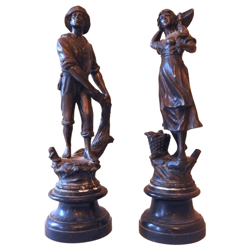 489 - A PAIR OF FRENCH SPELTER FIGURES, LATE 19TH CENTURY, modelled as a fisherman and his wife, with nets... 