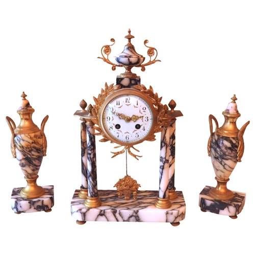 143 - A FRENCH 19TH CENTURY MARBLE AND GILT METAL CLOCK GARNITURE, drum form clock case with festoon paint... 