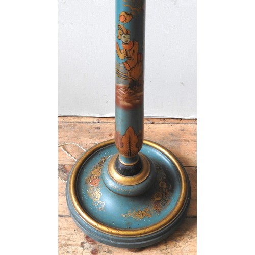 169 - A VINTAGE CHINOSERIE STANDARD LAMP, CIRCA 1920, the tapered column painted with a female courtier in... 