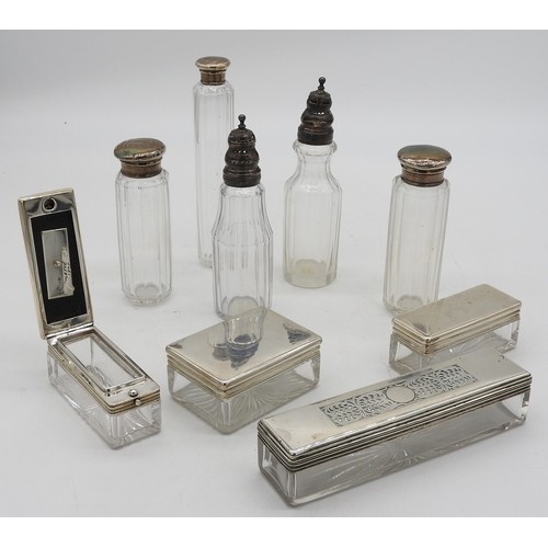 508 - A GROUP OF SILVER MOUNTED TOILETTE BOXES AND TWO CRUET BOTTLES, one of the toilette boxes with a pus... 