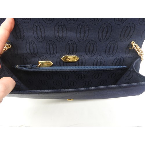 259 - CARTIER NAVY CURVED CLUTCH BAG WITH GILT CHAIN HANDLES WITH AN ITALIAN LEATHER MOCK CROC HARD CASE S... 