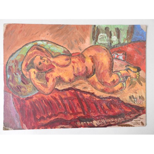 402 - 'HOMAGE TO MATTHEW SMITH' OIL PAINTING ON CARD, depicting a reclining nude, in the Fauvism style, mo... 