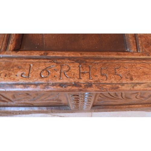 87 - A CHARLES II OAK PANELLED COFFER, CIRCA 1655, the hinged rectangular top inscribed with the date 165... 