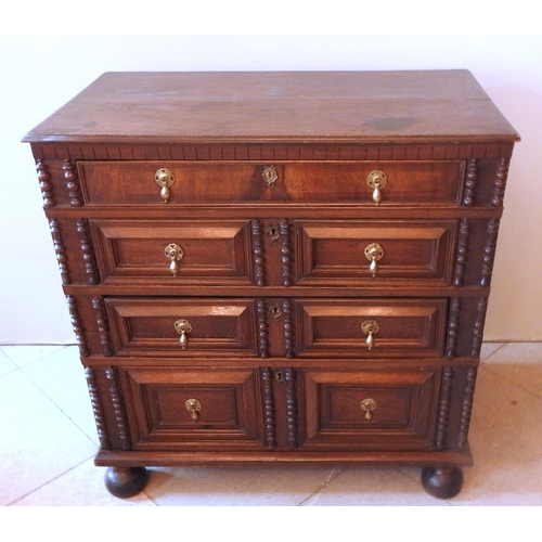 89 - AN OAK AND MAHOGANY 18TH CENTURY CHEST OF DRAWERS, four long graduated panelled drawers with mitre c... 