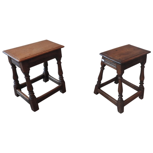 90 - A NEAR PAIR OF 18TH CENTURY OAK JOINED STOOLS, rectangular form raised on ring turned baluster suppo... 