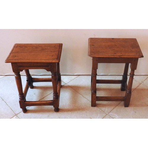 91 - AN EARLY 18TH CENTURY JOINED OAK STOOL, the moulded edge rectangular top raised on tapering turned s... 