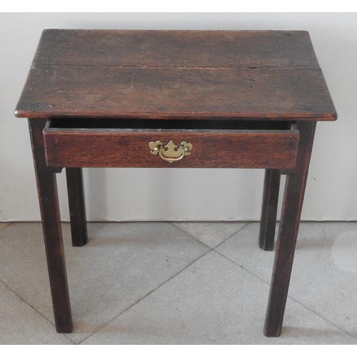 96 - AN 18TH CENTURY OAK SIDE TABLE, rectangular twin plank top over a single frieze drawer, raised on fo... 