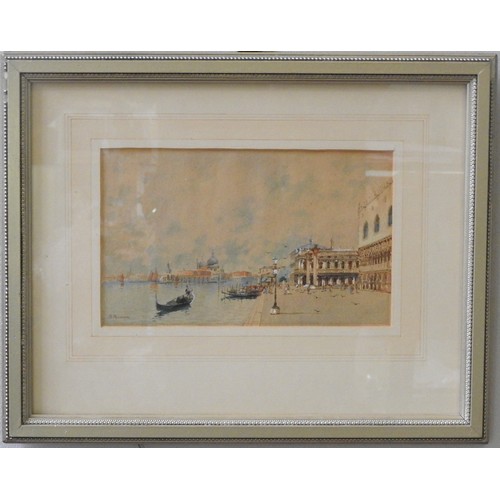 392 - A VENETIAN SCENE WATER COLOUR AND A VILLAGE SCENE OIL PAINTING, the attractive watercolour signed R.... 