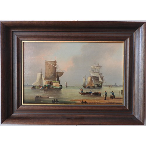 380 - A PAIR OF DUTCH SCHOOL MARITIME OIL PAINTINGS ON PANEL, 20TH CENTURY, one picture depicting figures ... 