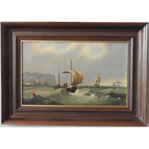 380 - A PAIR OF DUTCH SCHOOL MARITIME OIL PAINTINGS ON PANEL, 20TH CENTURY, one picture depicting figures ... 