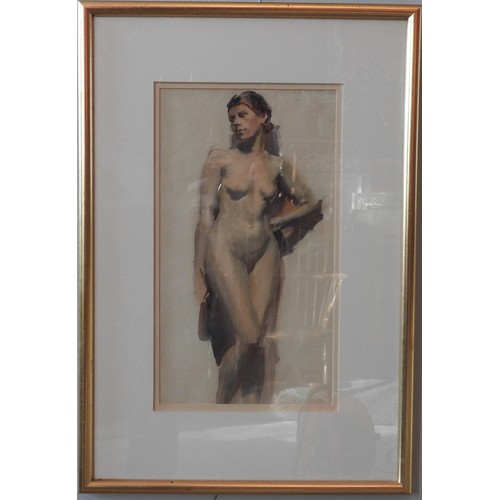 381 - HUBERT E. MARSHALL (b.1920) NUDE STUDY PASTEL ON PAPER, signed in lower left corner, glazed and fram... 