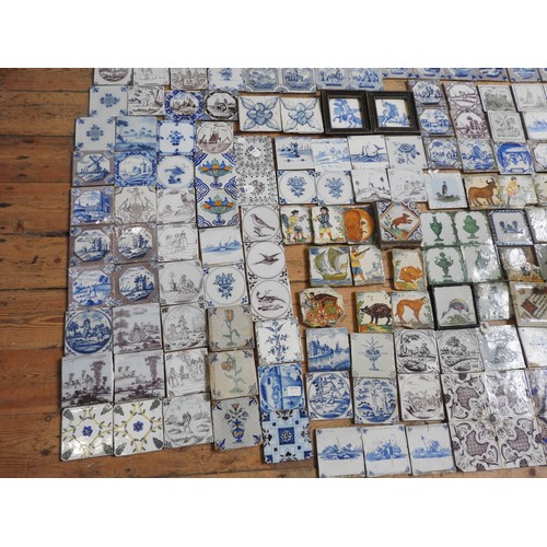 355 - A LARGE COLLECTION OF DELFT, BRISTOL DELFT AND OTHER TILES, 18TH AND 19TH CENTURY WITH SOME POLYCHRO... 