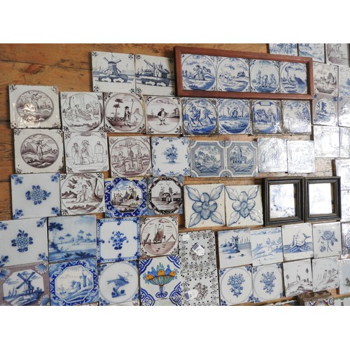 355 - A LARGE COLLECTION OF DELFT, BRISTOL DELFT AND OTHER TILES, 18TH AND 19TH CENTURY WITH SOME POLYCHRO... 