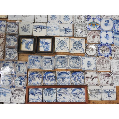 355 - A LARGE COLLECTION OF DELFT, BRISTOL DELFT AND OTHER TILES, 18TH AND 19TH CENTURY WITH SOME POLYCHRO... 