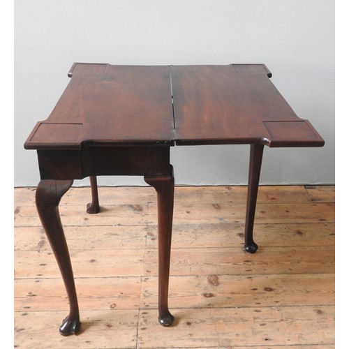 103 - A LATE 18TH / EARLY 19TH CENTURY MAHOGANY CARD TABLE, the rectangular fold over top with square cand... 