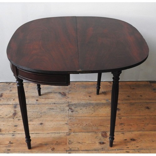 1 - A GEORGE III MAHOGANY DEMI LUNE TEA TABLE, CIRCA 1800, the fold over top with reeded edge, over a pa... 