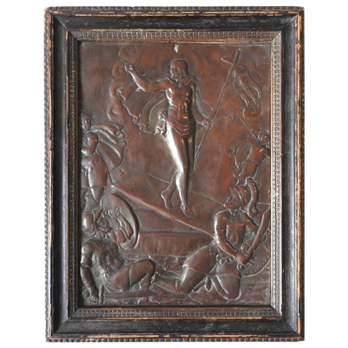 598 - A COPPER REPOUSSE PLAQUE OF CHRIST RISEN, possibly 17th/18th century in an early 19th century wooden... 