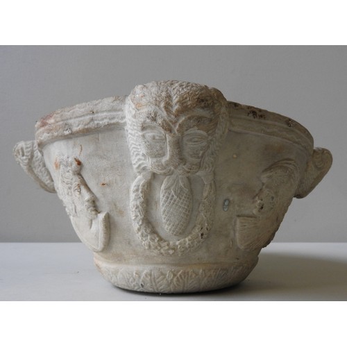 622 - A MARBLE MORTAR, THE LUGS CARVED AS LIONS WITH RINGS OF WREATHS IN THEIR MOUTHS, and interspersed wi... 