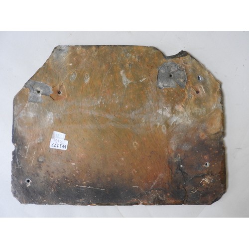 592 - A LARGE SLATE ROOF TILE ENGRAVED AND PAINTED WITH A PICTURE OF AN EARLY 19TH CENTURY NAVAL FRIGATE ,... 