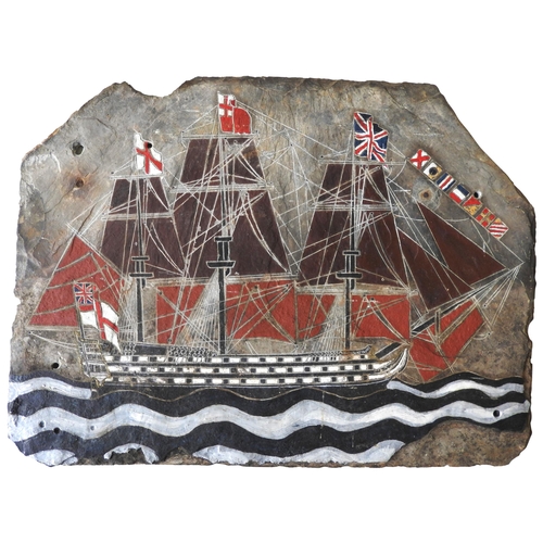 592 - A LARGE SLATE ROOF TILE ENGRAVED AND PAINTED WITH A PICTURE OF AN EARLY 19TH CENTURY NAVAL FRIGATE ,... 