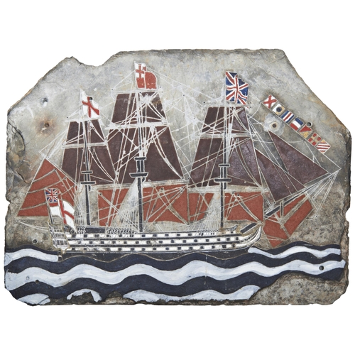 592 - A LARGE SLATE ROOF TILE ENGRAVED AND PAINTED WITH A PICTURE OF AN EARLY 19TH CENTURY NAVAL FRIGATE ,... 