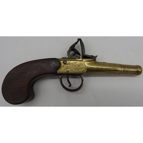 237 - A BRASS BOX-LOCK POCKET PISTOL ENGRAVED ARCHER, LONDON, WITH SLAB-SIDED GRIP.16 cms long