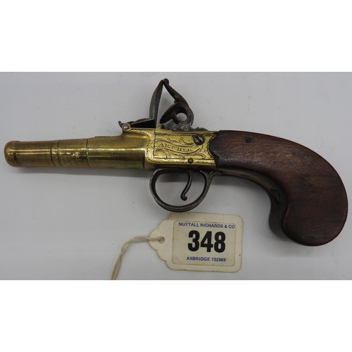 237 - A BRASS BOX-LOCK POCKET PISTOL ENGRAVED ARCHER, LONDON, WITH SLAB-SIDED GRIP.16 cms long