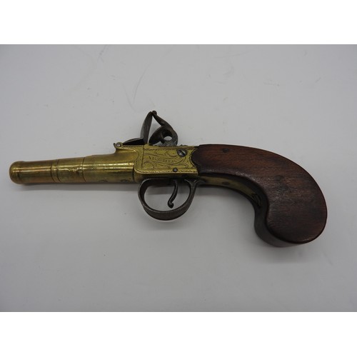 237 - A BRASS BOX-LOCK POCKET PISTOL ENGRAVED ARCHER, LONDON, WITH SLAB-SIDED GRIP.16 cms long