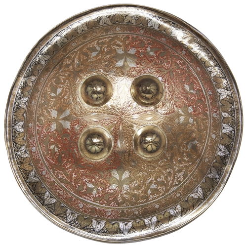 191 - AN ORNAMENTAL INDIAN BRASS DAHL WITH ENAMELLED FOLIATE DECORATION.37 cms diameter