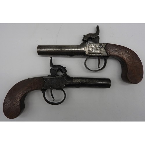 233 - A PAIR OF PERCUSSION BOX-LOCK POCKET PISTOLS ENGRAVED NOCK, LONDON WITH SLAB-SIDED GRIPS.16 cms long... 