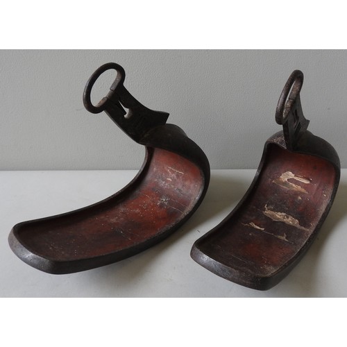 238 - A PAIR OF JAPANESE SAMURAI ABUMI IRON STIRRUPS   with silver damascened decoration and lacquered woo... 