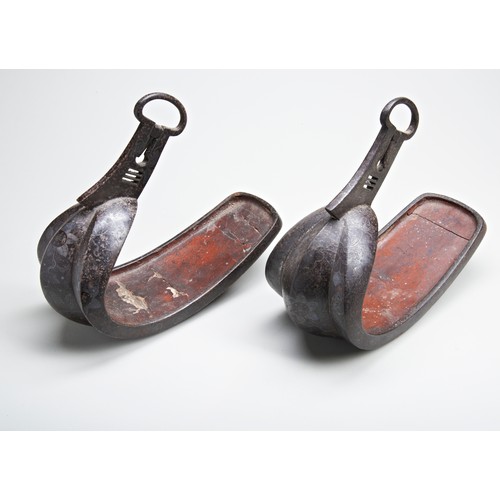 238 - A PAIR OF JAPANESE SAMURAI ABUMI IRON STIRRUPS   with silver damascened decoration and lacquered woo... 