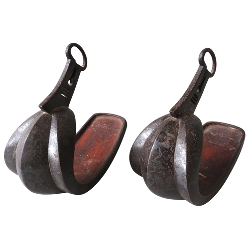 238 - A PAIR OF JAPANESE SAMURAI ABUMI IRON STIRRUPS   with silver damascened decoration and lacquered woo... 