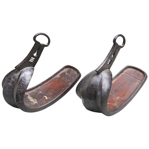 238 - A PAIR OF JAPANESE SAMURAI ABUMI IRON STIRRUPS   with silver damascened decoration and lacquered woo... 