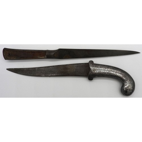 217 - A KHYBER KNIFE, the blade and hilt with engraved decoration and damascened highlights and in a leath... 