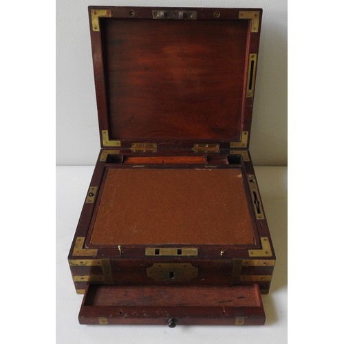 478 - A VICTORIAN BRASS BOUND MAHOGANY STRONG BOX/WRITING SLOPE the interior with key operated drawers and... 